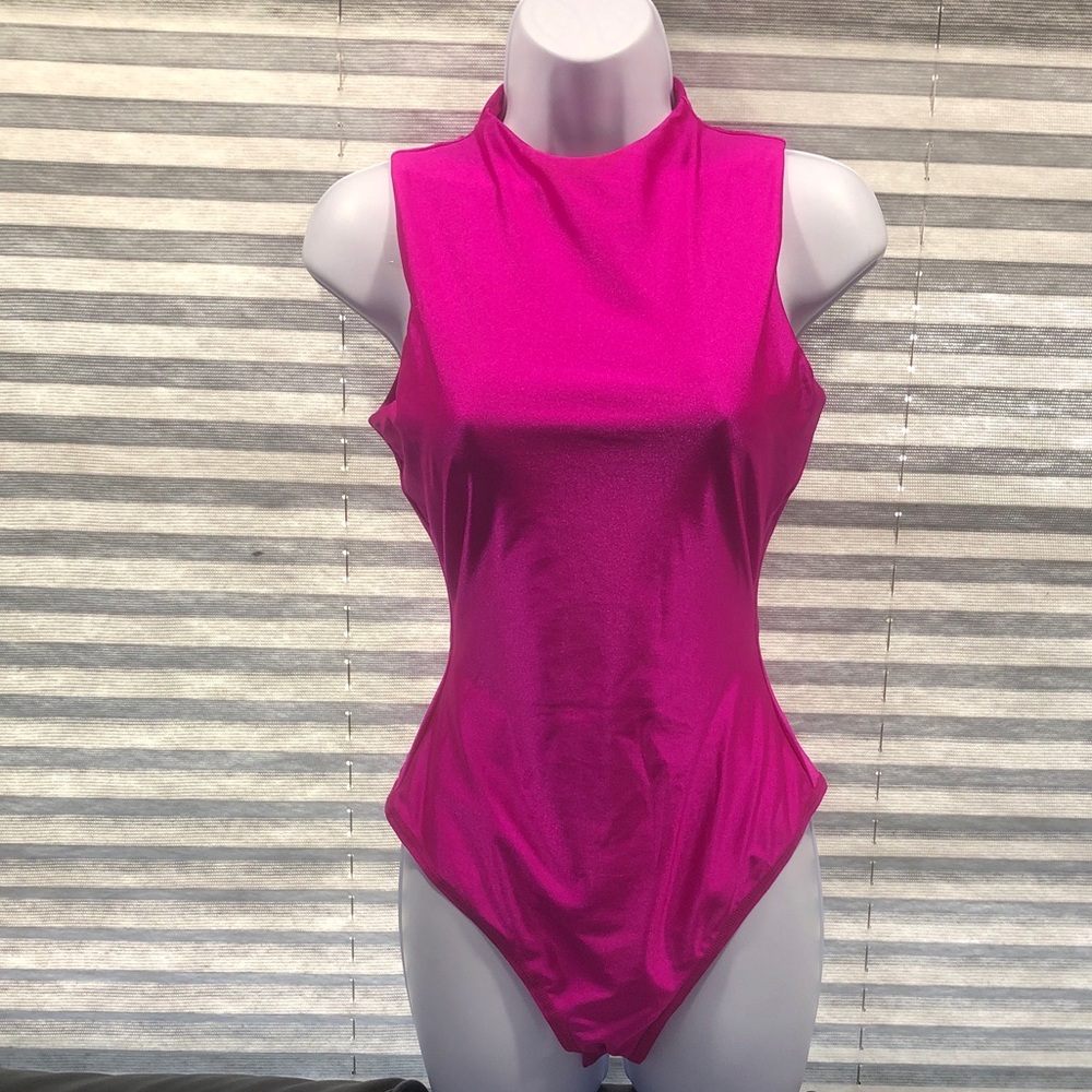 SKIMS Hot Pink Mock Neck Sleeveless Shapewear Bodysuit